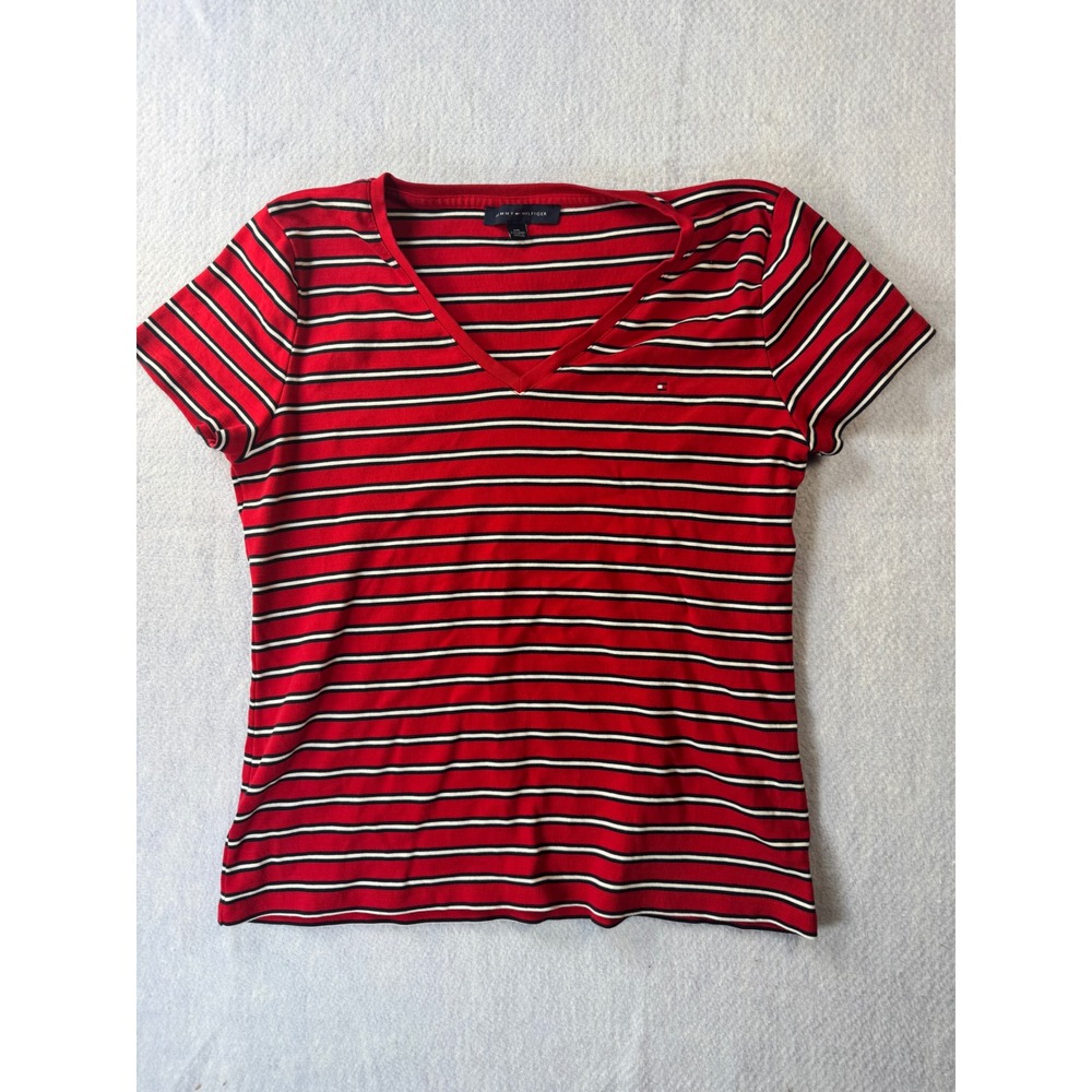 Tommy Hilfiger Red White Blue Striped V-Neck Short Sleeve Tee XXL